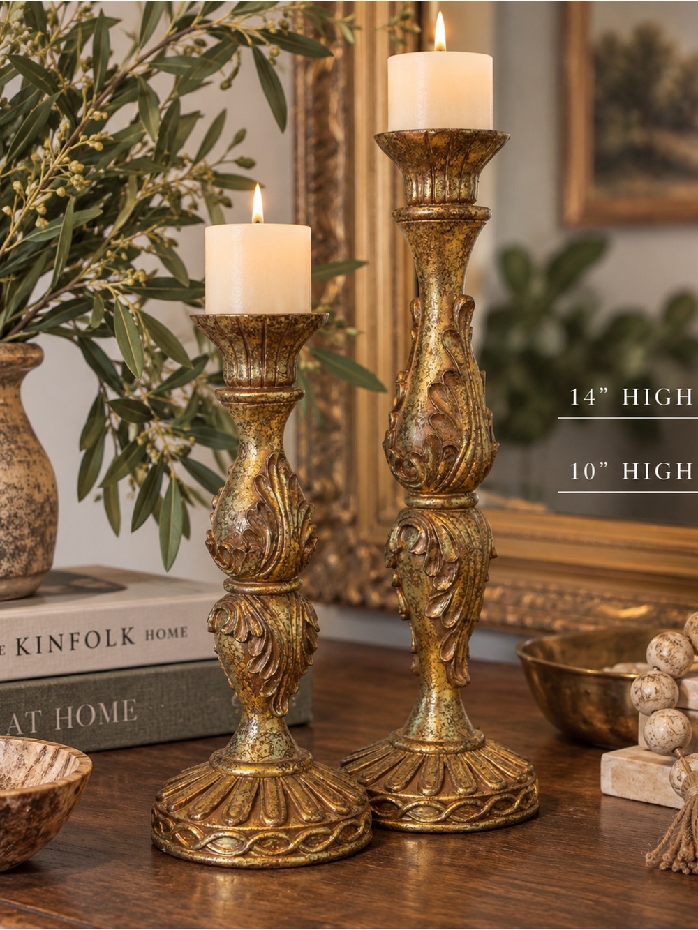 Vintage Antique Gold Ornate Carved Candle Holders - Set of 2